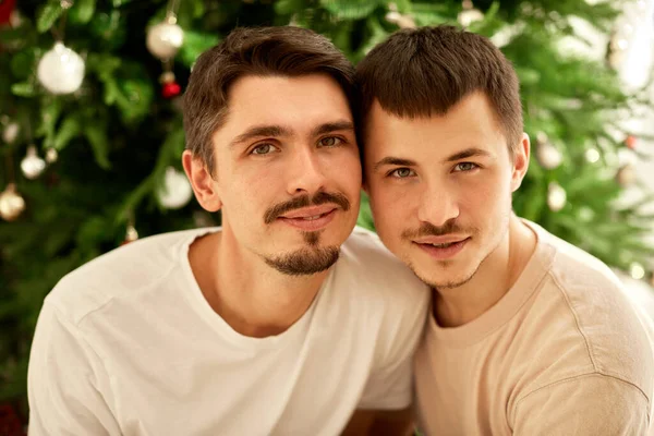Гей-чоловіки на фоні ялинки — стокове фото
