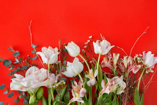 Blumen liegen auf rosa Papier und schaffen Flora-Rahmen-Kopierraum — Stockfoto