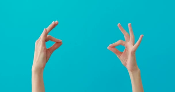 Dáma ukazuje mluvení a líbání postav rukama na modré — Stock video
