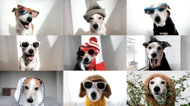 İnternetten birbirleriyle konuşan komik köpeklerin olduğu kolaj videoları. Komik Jack Russell, her birinin online görüntülü sohbetinde kendi titreşimleri var, internet üzerinden iletişim kuruyorlar.
