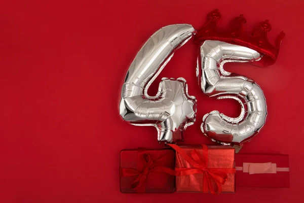 Silver Number Balloons Forty Five Crown Dark Red Background Holiday — Stock Photo, Image