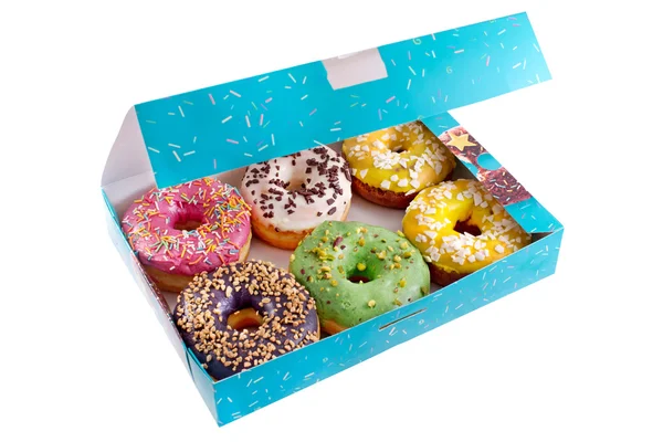 Donuts coloridos na caixa azul — Fotografia de Stock