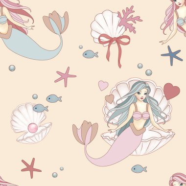 El çizimi deniz kızı ve deniz kabuklarının olduğu sonsuz desen. Eski model. Okyanus ve deniz arkaplanı.