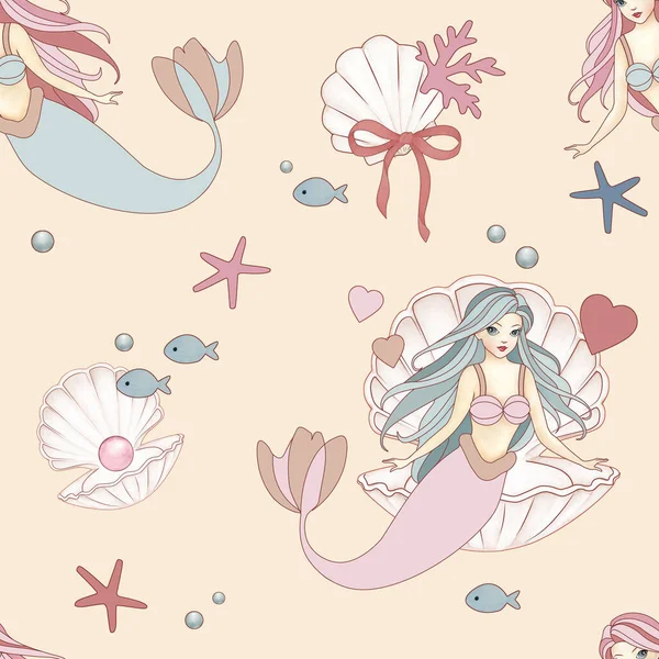 El çizimi deniz kızı ve deniz kabuklarının olduğu sonsuz desen. Eski model. Okyanus ve deniz arkaplanı.