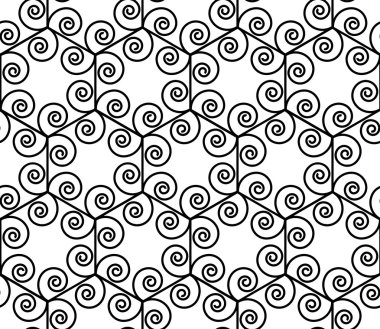 Vektör modern dikişsiz geometri desen spiral altıgen, siyah ve beyaz soyut geometrik arka plan, yastık baskı, monokrom retro doku, hipster moda tasarımı