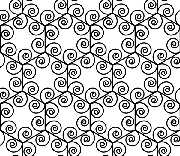 Vektor moderne nahtlose Geometrie Muster Spiralsechseck, schwarz-weiß abstrakten geometrischen Hintergrund, Kissendruck, monochrome Retro-Textur, Hipster-Mode-Design — Stockvektor