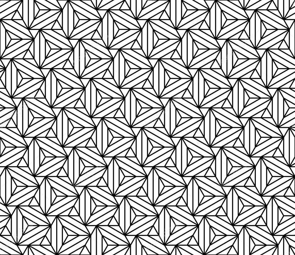 Vector modern seamless sacred geometry pattern triangles illusion, black and white abstract geometric background, trendy print, monochrome retro texture, hipster fashion design