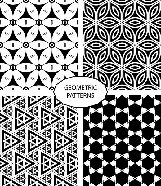 Colección de conjunto de patrones de geometría inconsútil moderna vectorial, fondo geométrico abstracto en blanco y negro, impresión de almohada, textura retro monocromática, diseño de moda hipster — Vector de stock