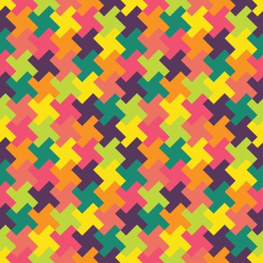 Vektör modern kesintisiz renkli geometri bulmaca desen, renk soyut geometrik arka plan, çok renkli baskı, retro doku, hippi moda tasarım yastık