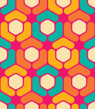 Vektör modern kesintisiz renkli geometri altıgen desen, renk soyut geometrik arka plan, çok renkli baskı, retro doku, hippi moda tasarım yastık