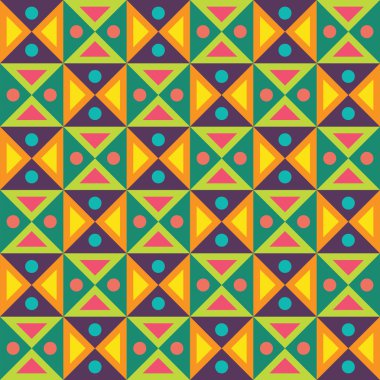 Vektör modern kesintisiz renkli geometri üçgen noktalar desen, renk soyut geometrik arka plan, çok renkli baskı, retro doku, hippi moda tasarım yastık