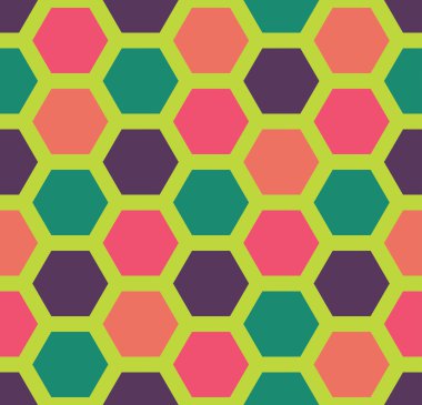 Vektör modern kesintisiz renkli geometri altıgen desen, renk soyut geometrik arka plan, çok renkli baskı, retro doku, hippi moda tasarım yastık