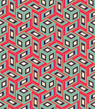 Vektör modern kesintisiz renkli geometri küp desen, renk soyut geometrik arka plan, çok renkli baskı, retro doku, hippi moda tasarım yastık
