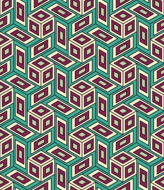 Vektör modern kesintisiz renkli geometri küp desen, renk soyut geometrik arka plan, çok renkli baskı, retro doku, hippi moda tasarım yastık