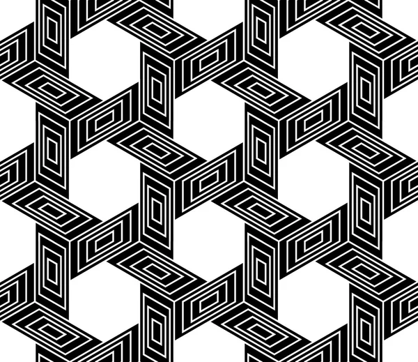 Padrão de geometria sem costura moderna vetorial trippy, fundo geométrico abstrato preto e branco, impressão de travesseiro, textura retro monocromática, design de moda hipster — Vetor de Stock