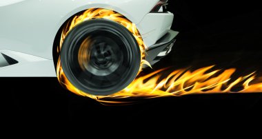 Güzel beyaz spor araba yangında arka plan üzerinde siyah