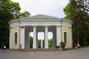 Uman, Ukraine - Jule 20, 2020: Large pavilion near the main lake in National dendrological park 