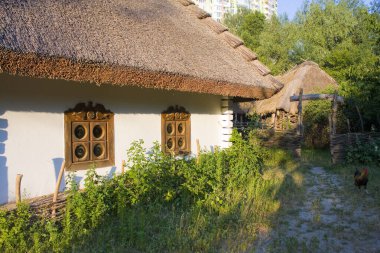  Fragment of traditional Ukrainian house of the 17-18th century in Cossack village (museum) Mamaeva Sloboda in Kyiv, Ukraine