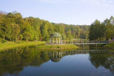 Gazebo on the island in Feofania Park in Kyiv, Ukraine