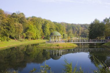 Gazebo on the island in Feofania Park in Kyiv, Ukraine