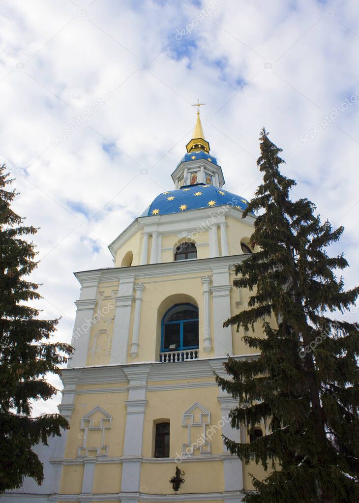 Bell tower of Vydubitsky Monastery in Kyiv, Ukraine
