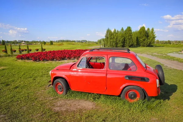 Carro Vermelho Prado Verde Dobropark Kyiv Oblast Ucrânia — Fotografia de Stock