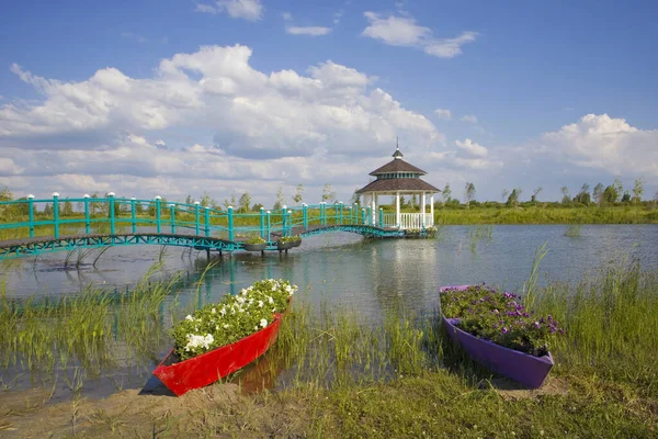 Paysage Avec Pavillon Blanc Lac Bateaux Fleurs Dobropak Oblast Kiev — Photo