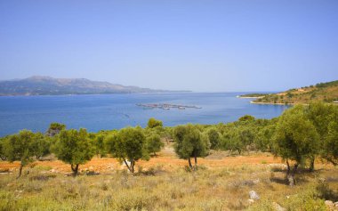 Arnavutluk 'un Ksamil kentindeki İyon Denizi' nin masmavi sularıyla manzara