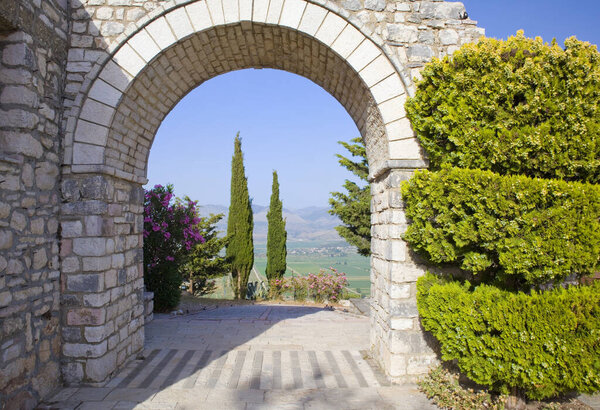 Entrance gate of Lekursi Castle in Saranda, Albania
