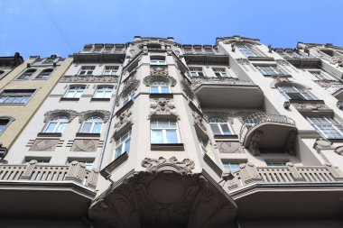 Ukrayna, Kyiv 'deki Yaroslavov Val Caddesi' nde tarihi binalar.