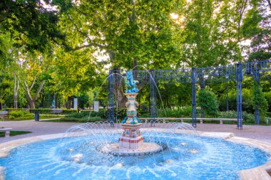Macaristan 'ın başkenti Budapeşte' de yaz mevsiminde şehir parkında Zsolnay Fountain ve Rose Garden
