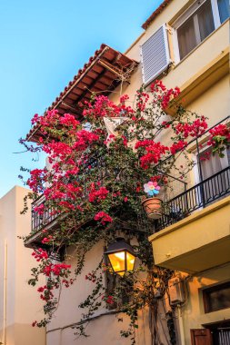 Yunanistan 'ın Girit kentindeki Rethymno şehir merkezinde çiçek balkonuyla süslenmiş