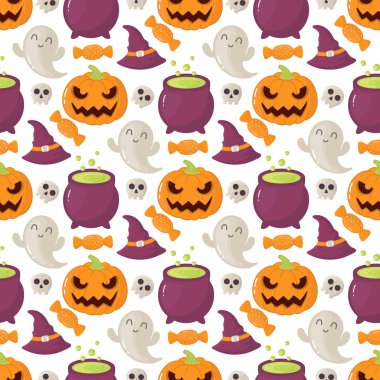 Kafatasları, kabaklar, şapkalar ve şeker ile dikişsiz halloween desen