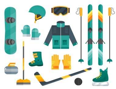 Winter sports equipment set- ski, curling, skates, clothes