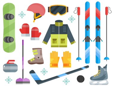 Kış spor ekipmanları set-ski, curling, patenler, giysiler