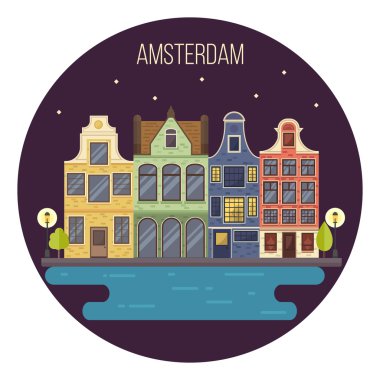 Gece Amsterdam cityscape vektör illüstrasyon