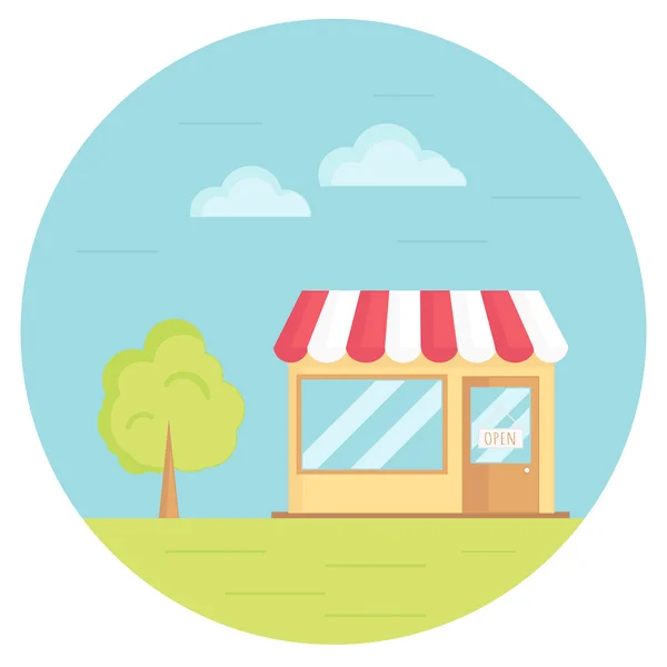 Ilustración vectorial de tienda de comestibles con árbol, cielo, hierba. Plano — Vector de stock