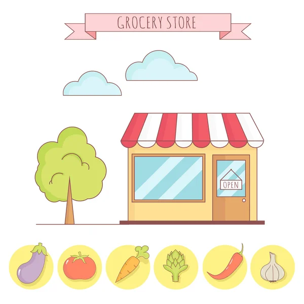 Ilustración vectorial de tienda de comestibles con iconos vegetales . — Archivo Imágenes Vectoriales