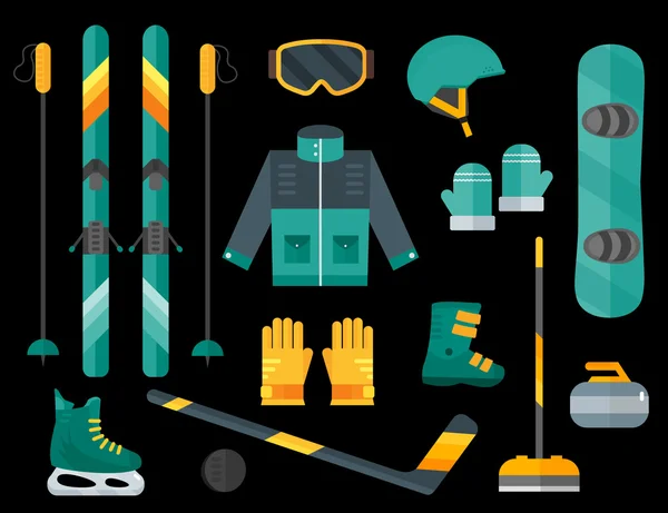 Winter sports equipment set- ski, curling, skates, clothes