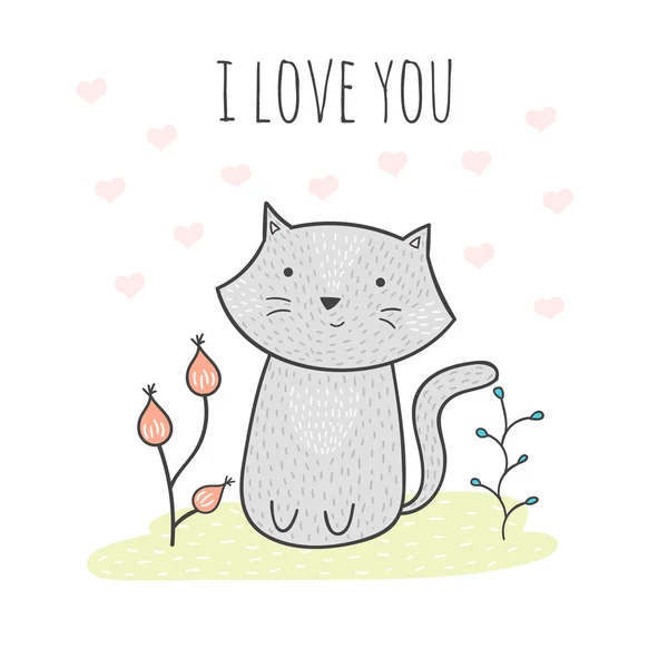 Bonita tarjeta garabato dibujado a mano con un gato y flores. Te amo tarjeta — Archivo Imágenes Vectoriales