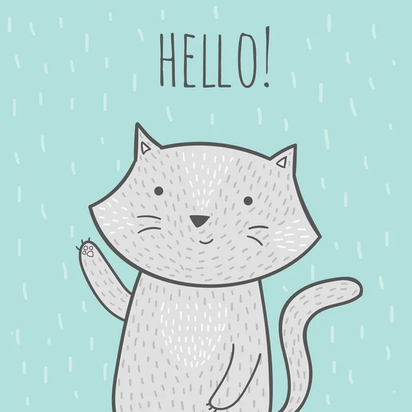Cartão bonito desenhado à mão doodle com um gato que diz olá . —  Vetores de Stock