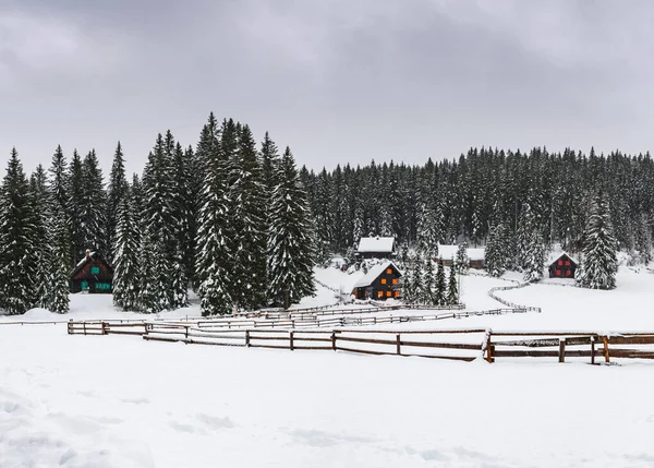 Зимове Село Темний Похмурий День Перед Сніговим Штормом — стокове фото