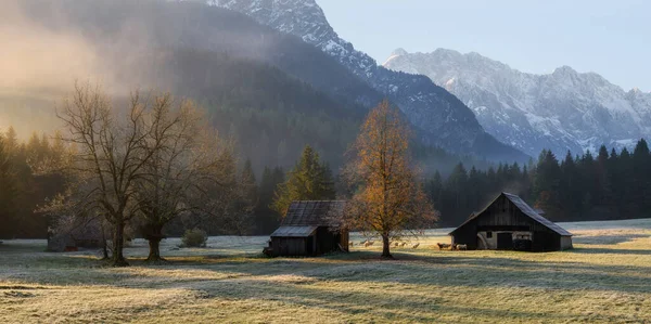 Ochtendlandschap Bij Het Huisje Bergen Met Schapen — Stockfoto