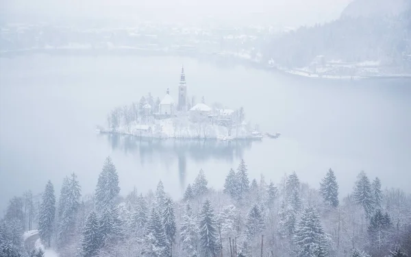 Der Bleder See Einem Winter Und Schneetag — Stockfoto