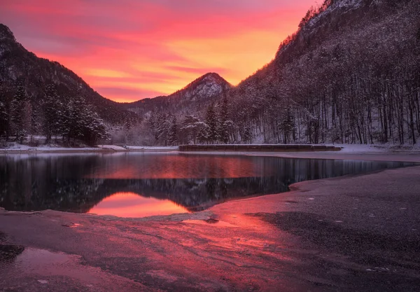 Réflexions Vives Sur Coucher Soleil Lac Zavrsnica Slovénie — Photo