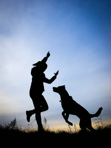 Siluet, insan ile köpek sıçramak