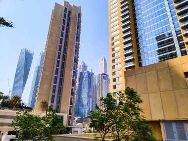 Ağaçların arasından yaşam alanı gökdelenlerinin görüntüsü