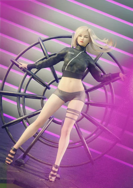 Digital Render Young Blonde Woman Standing Metal Wheel Purple Smoke — ストック写真