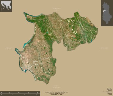 Durres, Arnavutluk Eyaleti. Sentinel-2 uydu görüntüleri. Bilgilendirici örtülerle sağlam arkaplanda izole edilmiş şekil. Değiştirilmiş Kopernik Sentinel verileri içerir