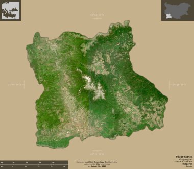 Blagoevgrad, Bulgaristan ili. Sentinel-2 uydu görüntüleri. Bilgilendirici örtülerle sağlam arkaplanda izole edilmiş şekil. Değiştirilmiş Kopernik Sentinel verileri içerir
